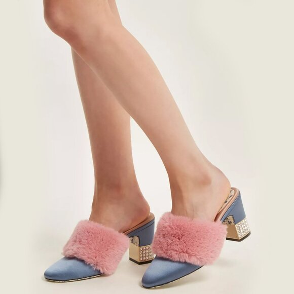 GUCCI SHOES CANDY SATIN AND FAUX FUR MULES CRYSTAL HEEL sz IT 35.5 US 5.5 - Picture 1 of 16